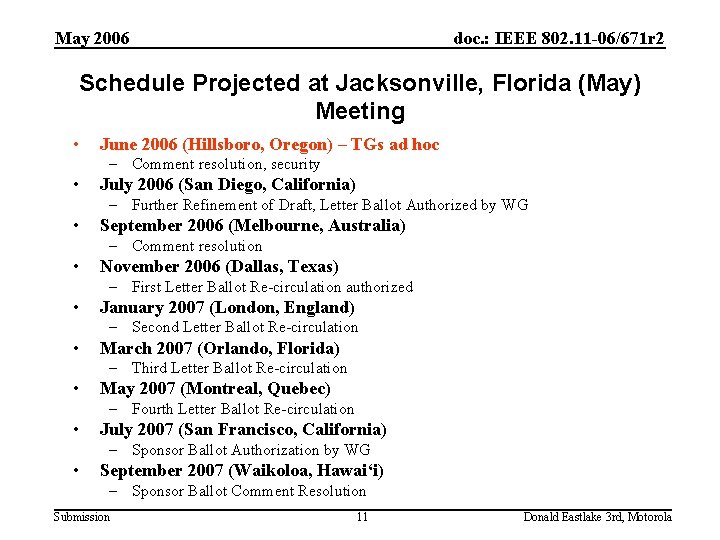 May 2006 doc. : IEEE 802. 11 -06/671 r 2 Schedule Projected at Jacksonville,