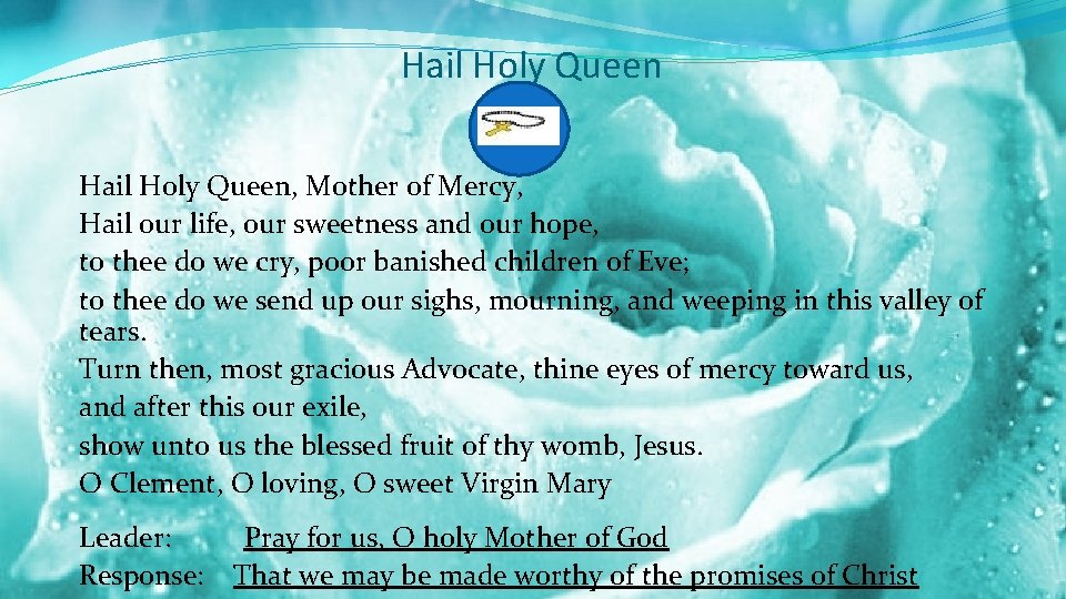 Hail Holy Queen, Mother of Mercy, Hail our life, our sweetness and our hope,