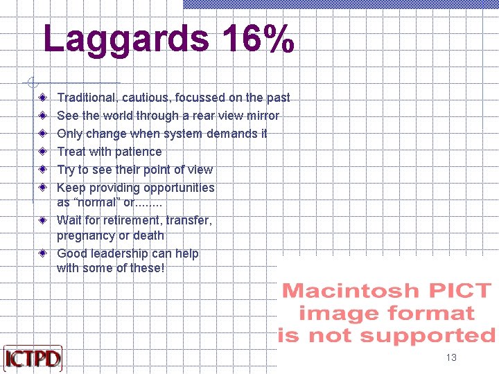 Laggards 16% Traditional, cautious, focussed on the past See the world through a rear