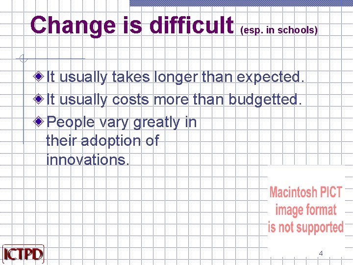 Change is difficult (esp. in schools) It usually takes longer than expected. It usually