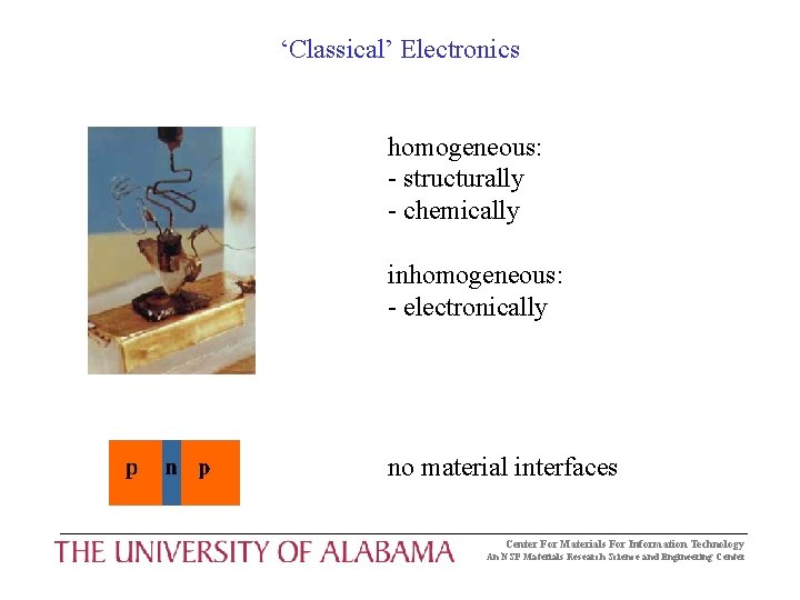 ‘Classical’ Electronics homogeneous: - structurally - chemically inhomogeneous: - electronically no material interfaces Center