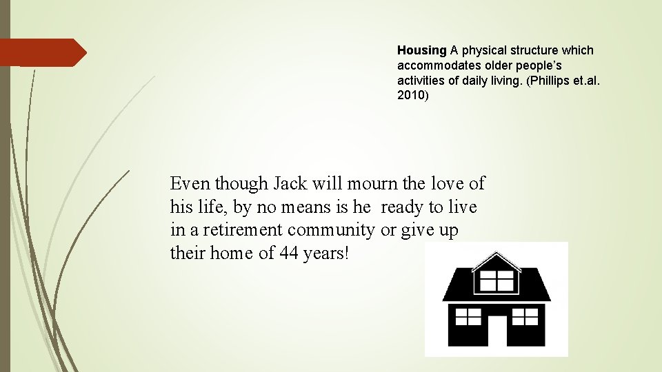 Housing A physical structure which accommodates older people’s activities of daily living. (Phillips et.