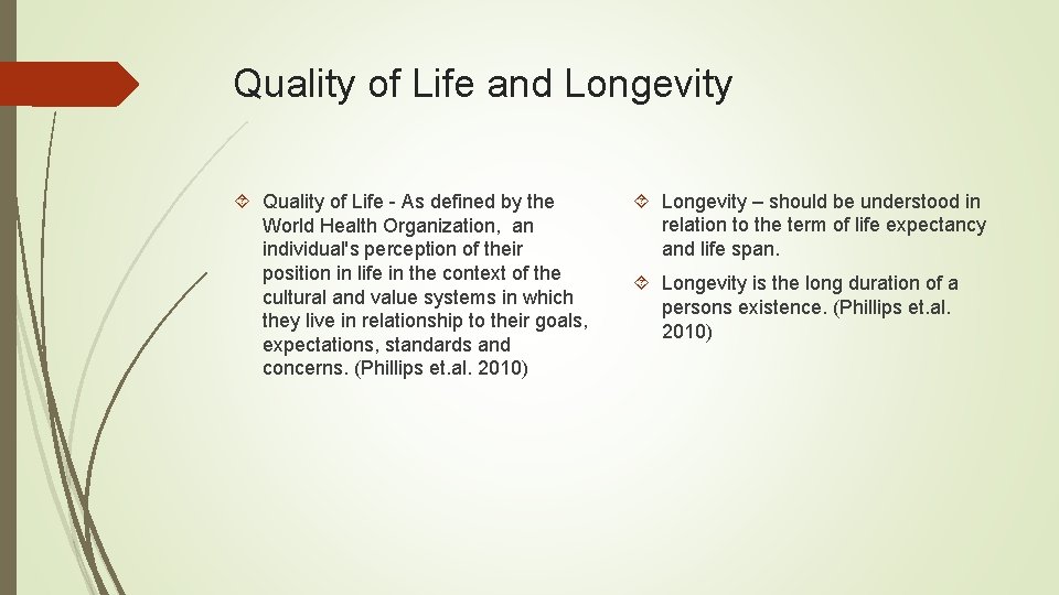 Quality of Life and Longevity Quality of Life - As defined by the World