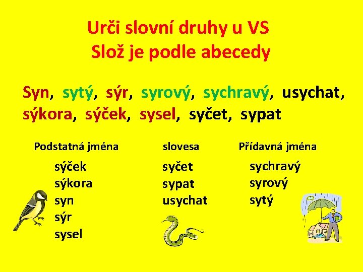 Urči slovní druhy u VS Slož je podle abecedy Syn, sytý, sýr, syrový, sychravý,