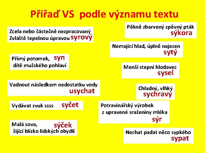 Přiřaď VS podle významu textu Zcela nebo částečně nezpracovaný Zvláště tepelnou úpravou syrový Pěkně