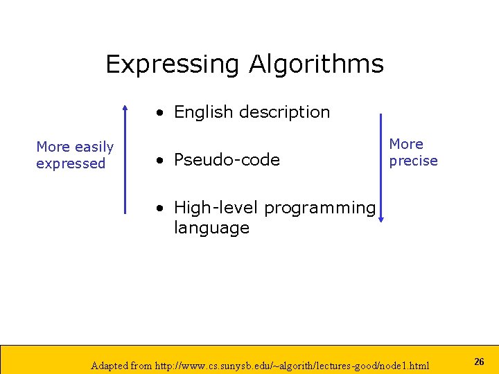 Expressing Algorithms • English description More easily expressed • Pseudo-code More precise • High-level