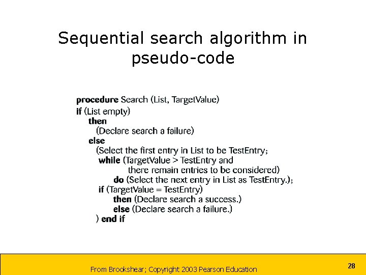 Sequential search algorithm in pseudo-code From Brookshear; Copyright 2003 Pearson Education 28 