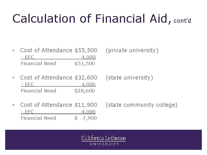 Calculation of Financial Aid, cont’d • Cost of Attendance $55, 500 - EFC Financial