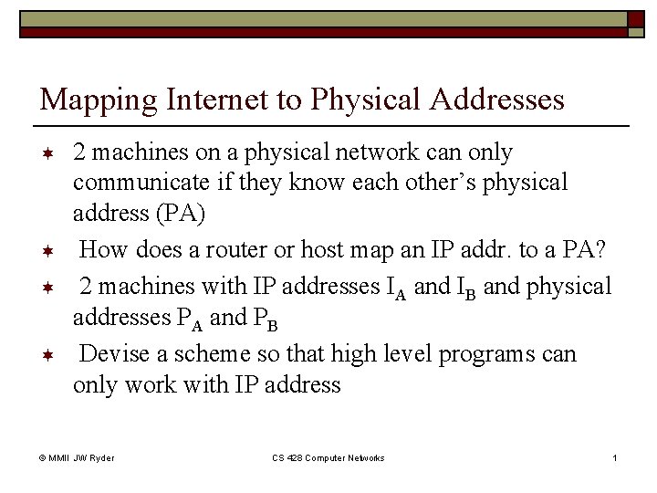 Mapping Internet to Physical Addresses ¬ ¬ 2 machines on a physical network can Mapping Internet to Physical Addresses ¬ ¬ 2 machines on a physical network can
