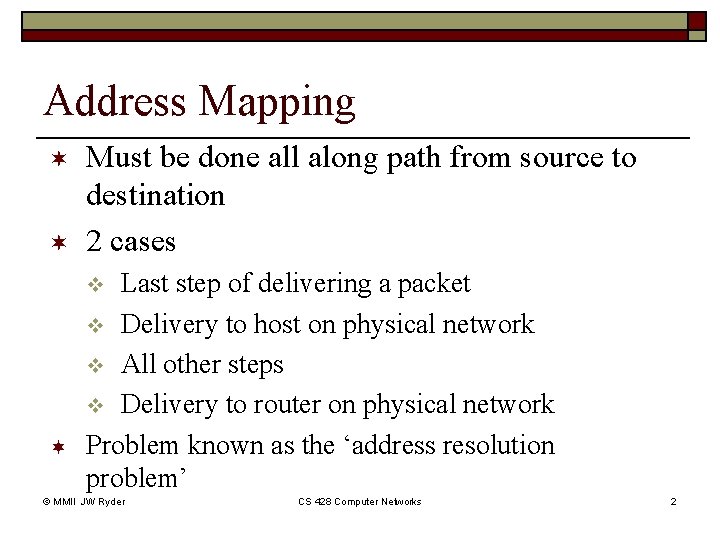 Address Mapping ¬ ¬ Must be done all along path from source to destination Address Mapping ¬ ¬ Must be done all along path from source to destination