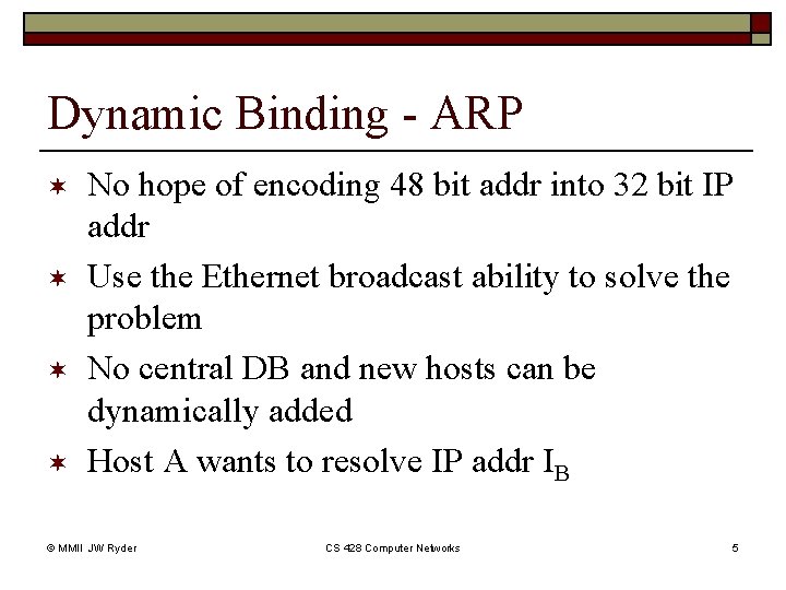 Dynamic Binding - ARP ¬ ¬ No hope of encoding 48 bit addr into Dynamic Binding - ARP ¬ ¬ No hope of encoding 48 bit addr into