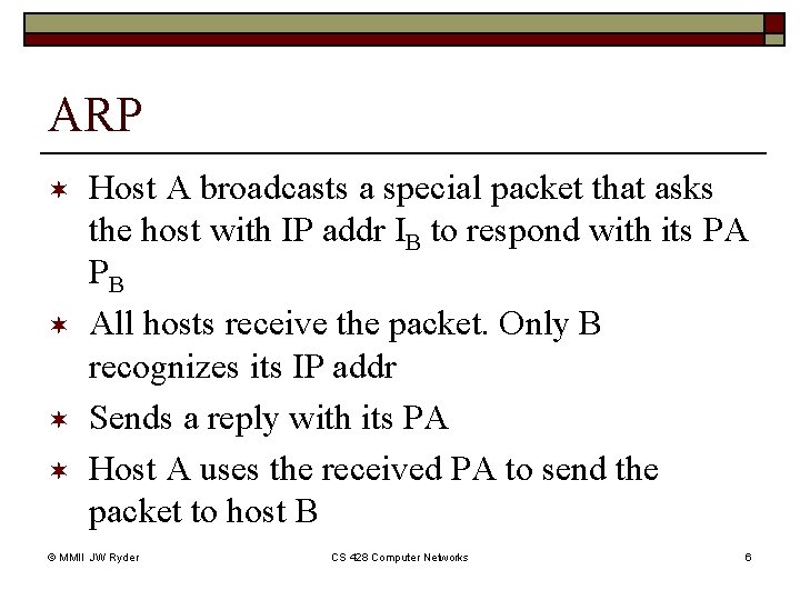 ARP ¬ ¬ Host A broadcasts a special packet that asks the host with ARP ¬ ¬ Host A broadcasts a special packet that asks the host with
