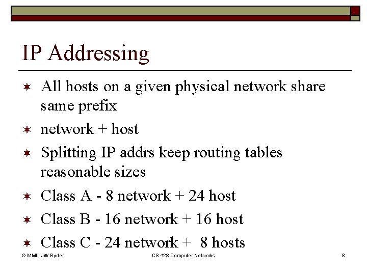 IP Addressing ¬ ¬ ¬ All hosts on a given physical network share same IP Addressing ¬ ¬ ¬ All hosts on a given physical network share same