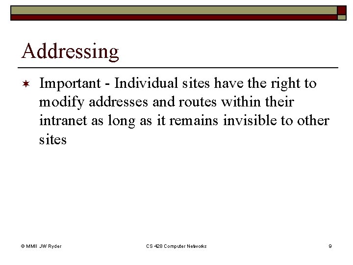 Addressing ¬ Important - Individual sites have the right to modify addresses and routes Addressing ¬ Important - Individual sites have the right to modify addresses and routes