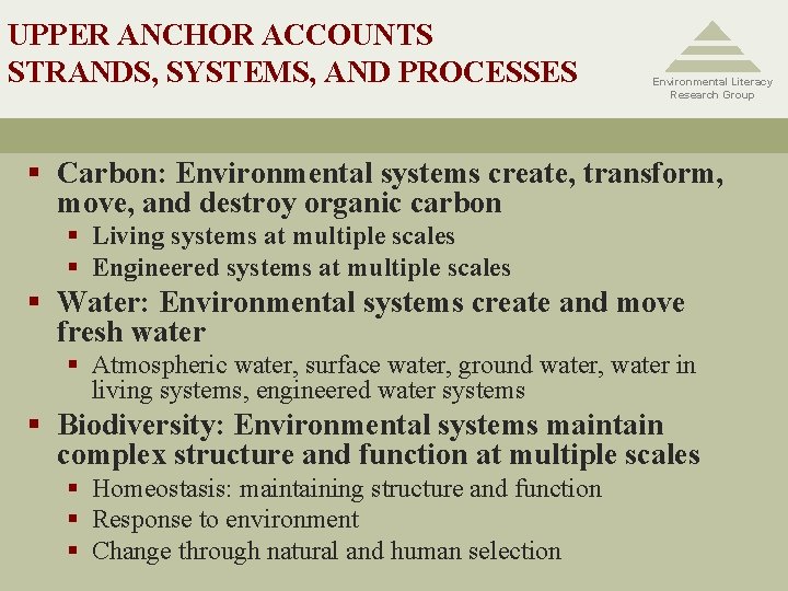 UPPER ANCHOR ACCOUNTS STRANDS, SYSTEMS, AND PROCESSES Environmental Literacy Research Group § Carbon: Environmental
