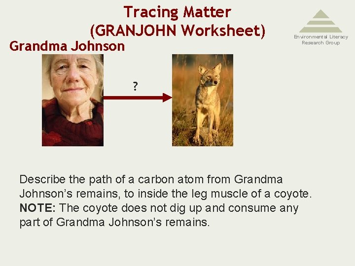 Tracing Matter (GRANJOHN Worksheet) Grandma Johnson Environmental Literacy Research Group ? Describe the path