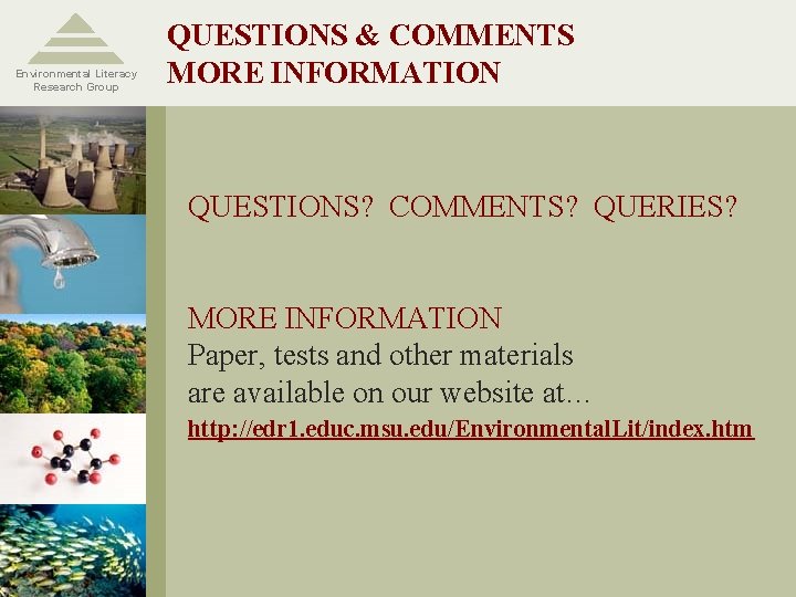 Environmental Literacy Research Group QUESTIONS & COMMENTS MORE INFORMATION QUESTIONS? COMMENTS? QUERIES? MORE INFORMATION