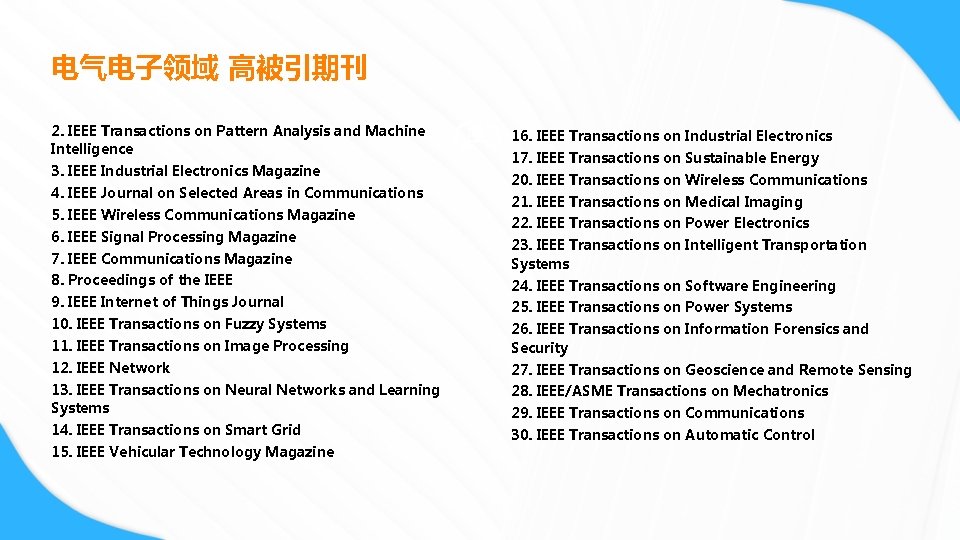 电气电子领域 高被引期刊 2. IEEE Transactions on Pattern Analysis and Machine Intelligence 3. IEEE Industrial