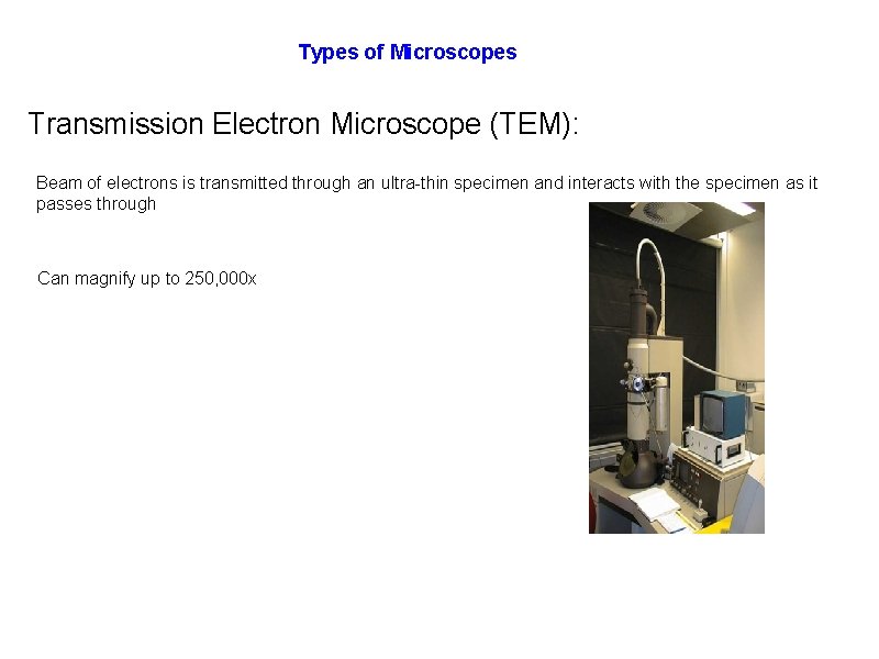 Types of Microscopes Transmission Electron Microscope (TEM): Beam of electrons is transmitted through an