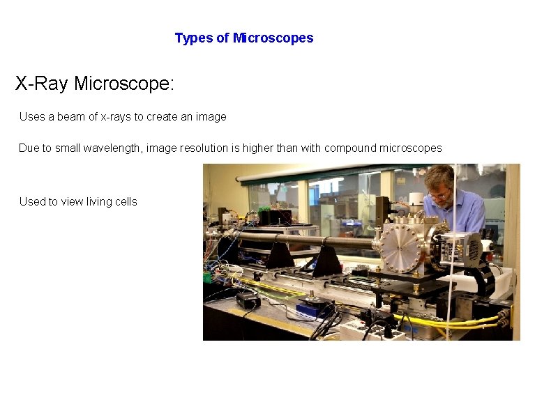 Types of Microscopes X-Ray Microscope: Uses a beam of x-rays to create an image