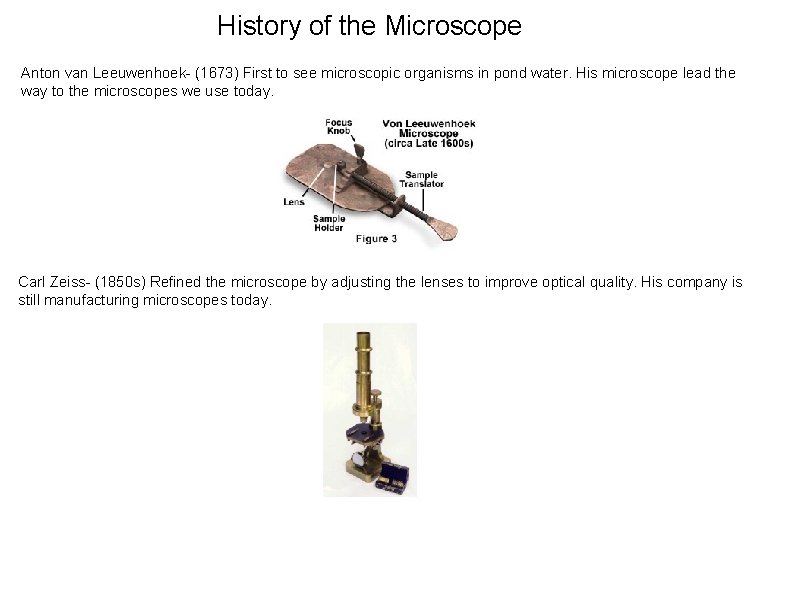 History of the Microscope Anton van Leeuwenhoek- (1673) First to see microscopic organisms in