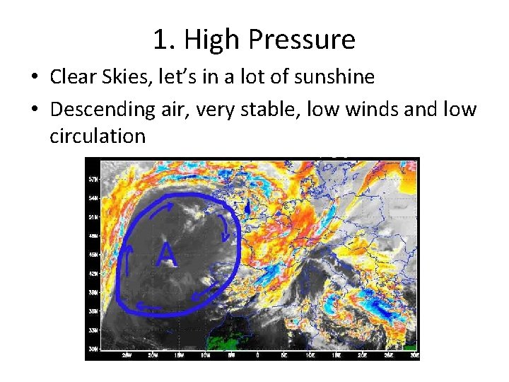 1. High Pressure • Clear Skies, let’s in a lot of sunshine • Descending