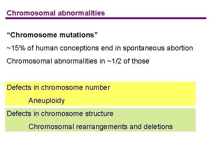 Chromosomal abnormalities “Chromosome mutations” ~15% of human conceptions end in spontaneous abortion Chromosomal abnormalities