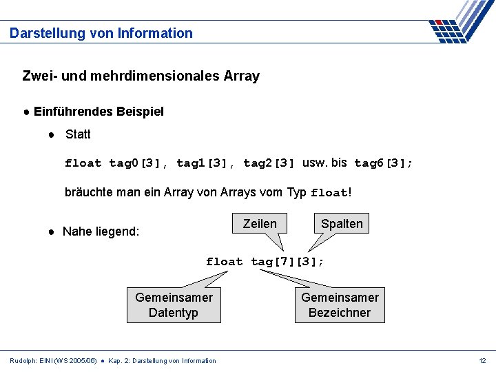 Darstellung von Information Zwei- und mehrdimensionales Array ● Einführendes Beispiel ● Statt float tag