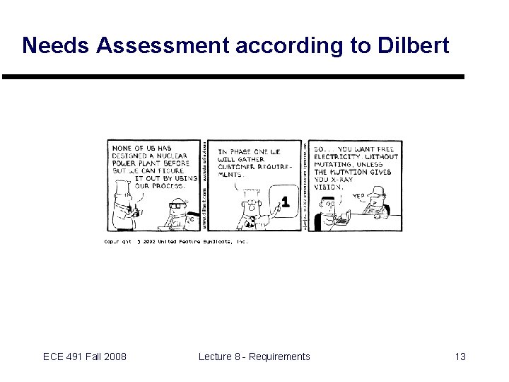 Needs Assessment according to Dilbert ECE 491 Fall 2008 Lecture 8 - Requirements 13