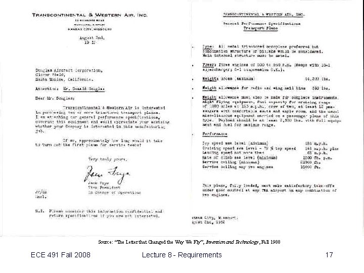 Example - DC-3 “Problem Statement” Source: “The Letter that Changed the Way We Fly”,