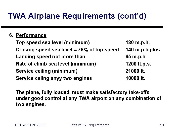 TWA Airplane Requirements (cont’d) 6. Performance Top speed sea level (minimum) Crusing speed sea