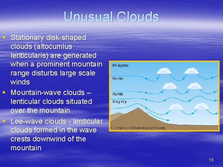 Unusual Clouds § Stationary disk-shaped clouds (altocumlus lenticularis) are generated when a prominent mountain