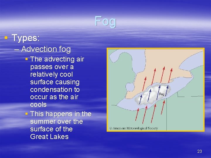 Fog § Types: – Advection fog § The advecting air passes over a relatively