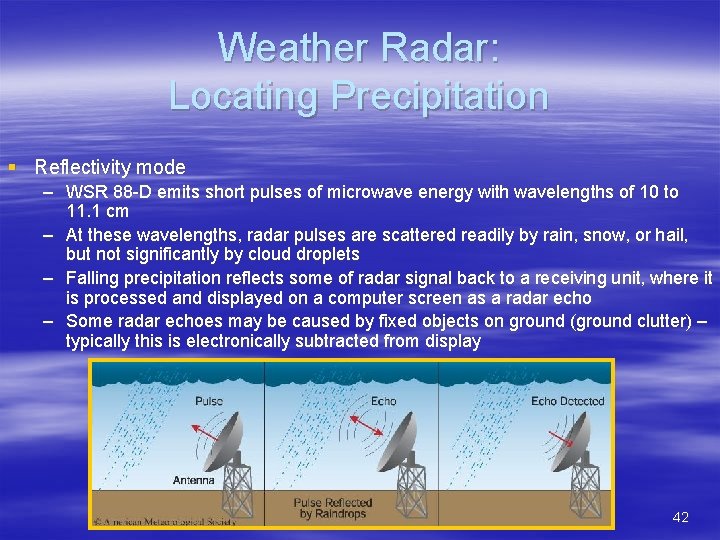 Weather Radar: Locating Precipitation § Reflectivity mode – WSR 88 -D emits short pulses