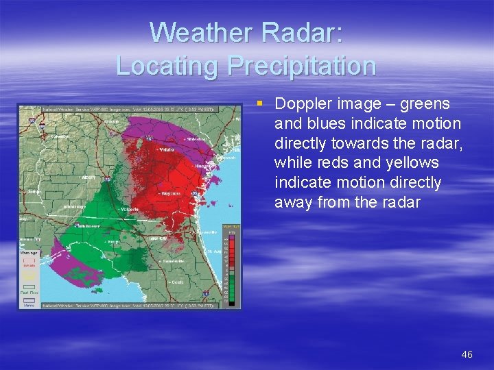 Weather Radar: Locating Precipitation § Doppler image – greens and blues indicate motion directly