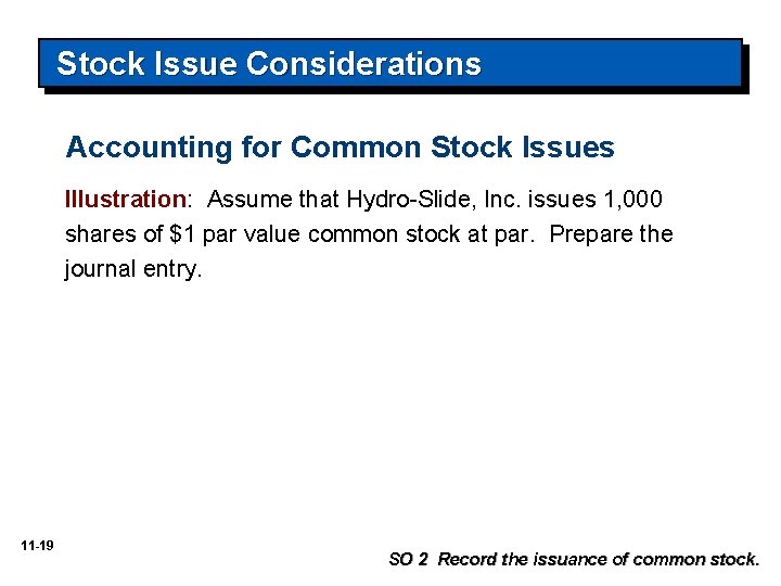 Stock Issue Considerations Accounting for Common Stock Issues Illustration: Assume that Hydro-Slide, Inc. issues