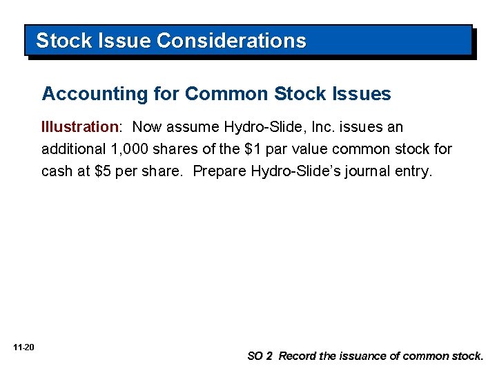 Stock Issue Considerations Accounting for Common Stock Issues Illustration: Now assume Hydro-Slide, Inc. issues