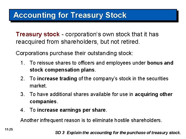 Accounting for Treasury Stock Treasury stock - corporation’s own stock that it has reacquired