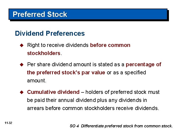 Preferred Stock Dividend Preferences u Right to receive dividends before common stockholders. u Per
