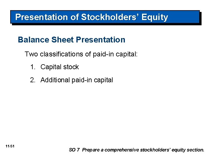 Presentation of Stockholders’ Equity Balance Sheet Presentation Two classifications of paid-in capital: 1. Capital