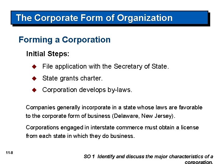 The Corporate Form of Organization Forming a Corporation Initial Steps: u File application with