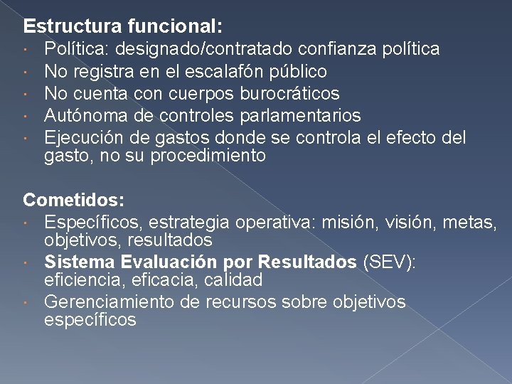Estructura funcional: Política: designado/contratado confianza política No registra en el escalafón público No cuenta