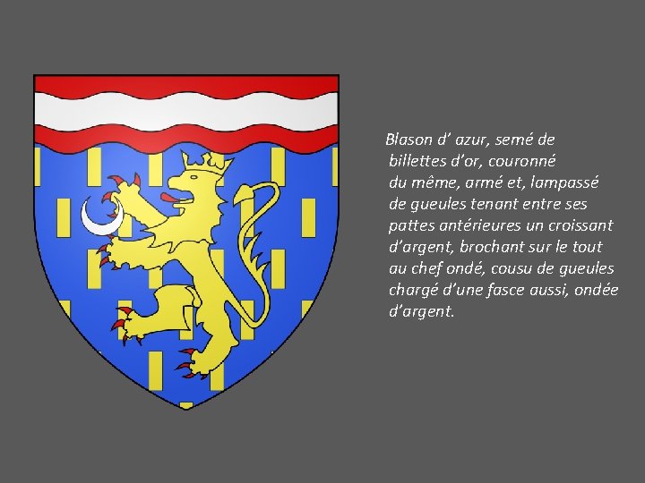 Blason d’ azur, semé de billettes d’or, couronné du même, armé et, lampassé de