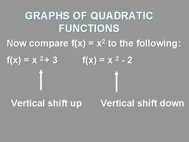 GRAPHS OF QUADRATIC FUNCTIONS Now compare f(x) = x 2 to the following: f(x)