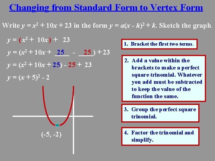 Changing from Standard Form to Vertex Form Write y = x 2 + 10