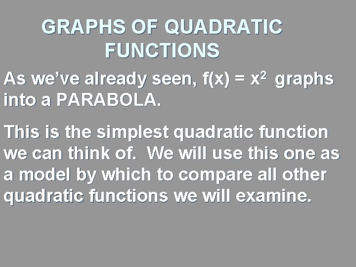 GRAPHS OF QUADRATIC FUNCTIONS As we’ve already seen, f(x) = x 2 graphs into