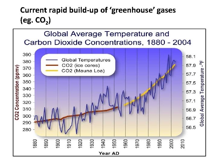 Current rapid build-up of ‘greenhouse’ gases (eg. CO 2) Current rapid build-up of ‘greenhouse’ gases (eg. CO 2)