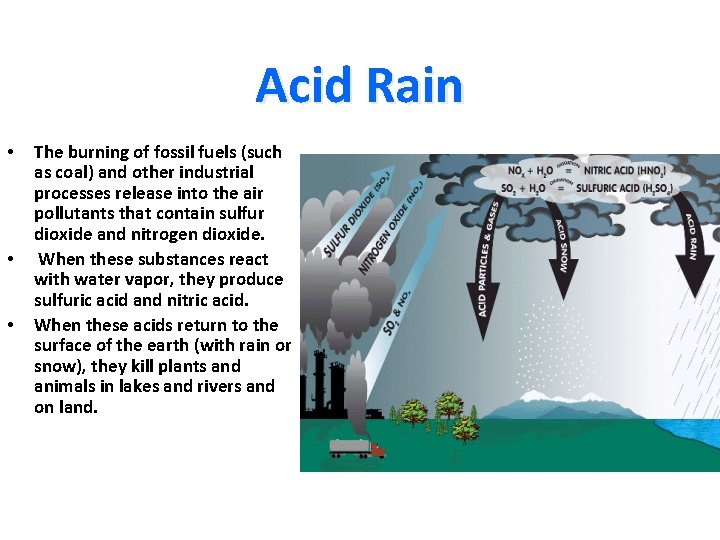Acid Rain • • • The burning of fossil fuels (such as coal) and Acid Rain • • • The burning of fossil fuels (such as coal) and