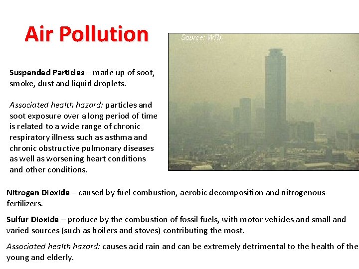 Air Pollution Suspended Particles – made up of soot, smoke, dust and liquid droplets. Air Pollution Suspended Particles – made up of soot, smoke, dust and liquid droplets.