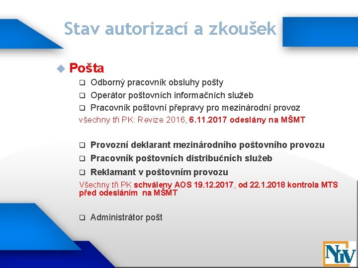 Stav autorizací a zkoušek Pošta Odborný pracovník obsluhy pošty q Operátor poštovních informačních služeb